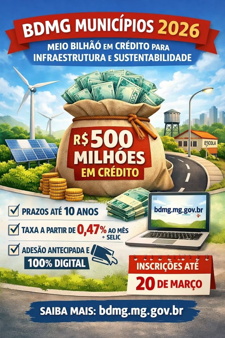Prefeituras mineiras terão R$ 500 milhões no Edital BDMG Municípios 2026 para financiar infraestrutura e sustentabilidade